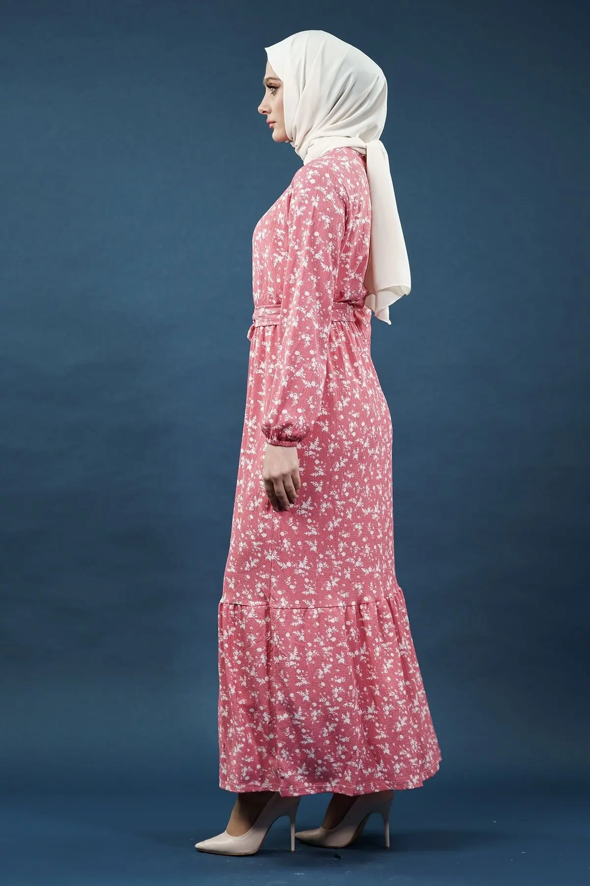 Yeni Sezon Çiçekli Bürümcük Pembe Elbise-detail