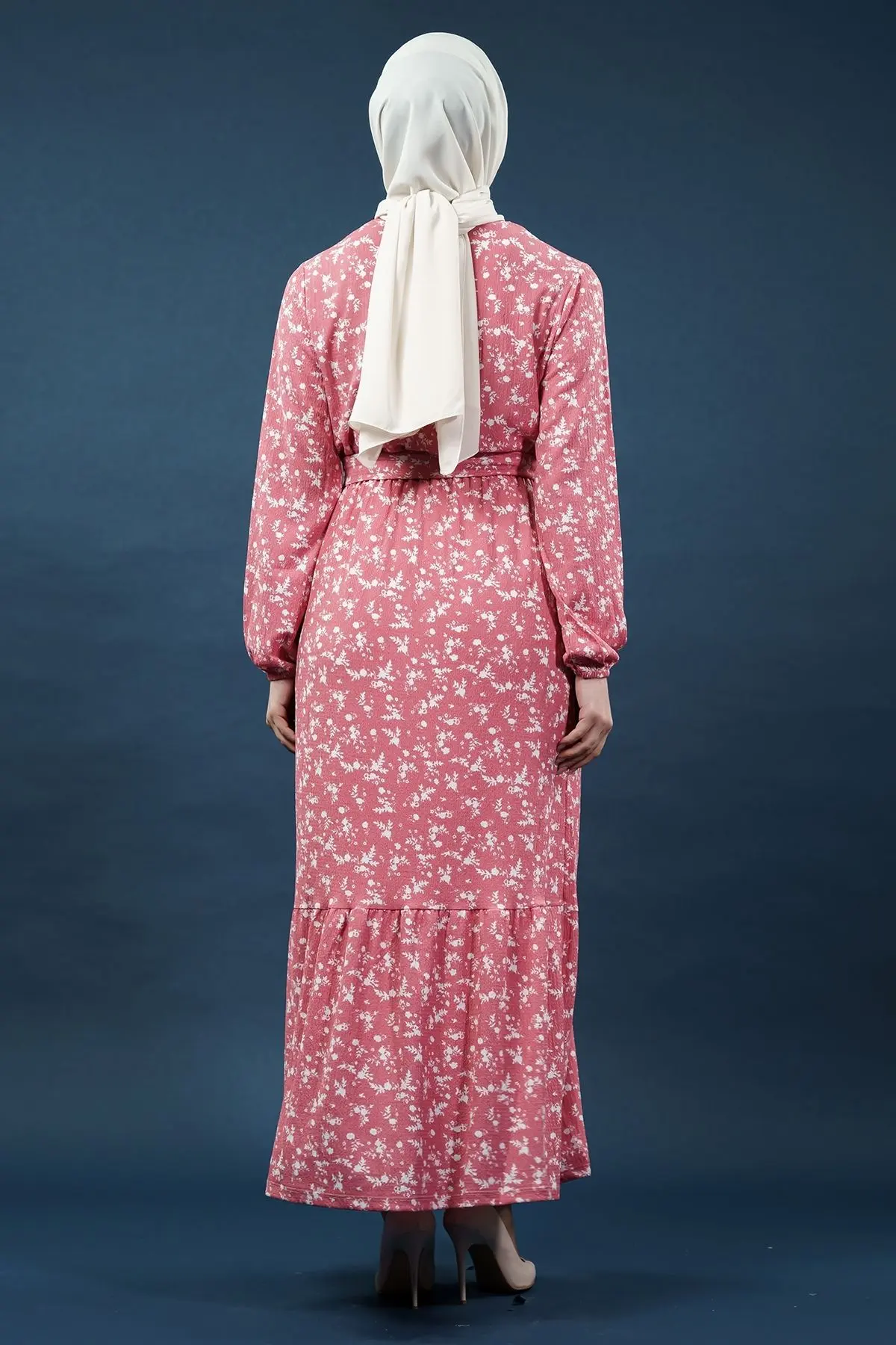 Yeni Sezon Çiçekli Bürümcük Pembe Elbise-detail