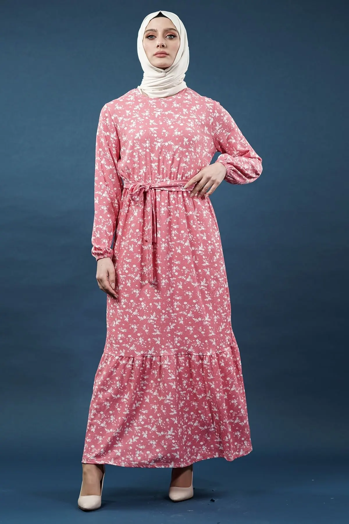 Yeni Sezon Çiçekli Bürümcük Pembe Elbise-detail