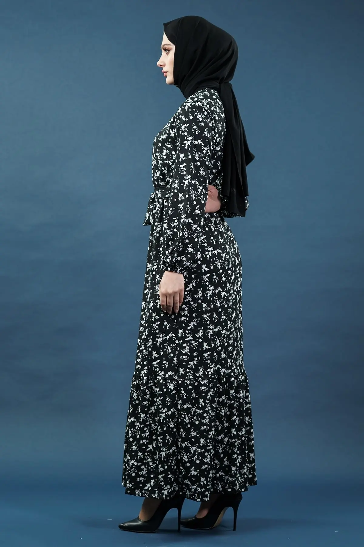 Yeni Sezon Çiçekli Bürümcük Siyah Elbise-detail