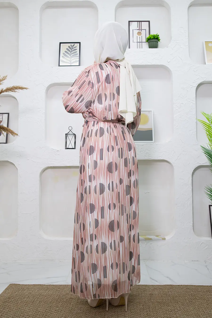 Yeni Sezon Çizgi Desenli Gül Kurusu Tesettür Elbise-detail