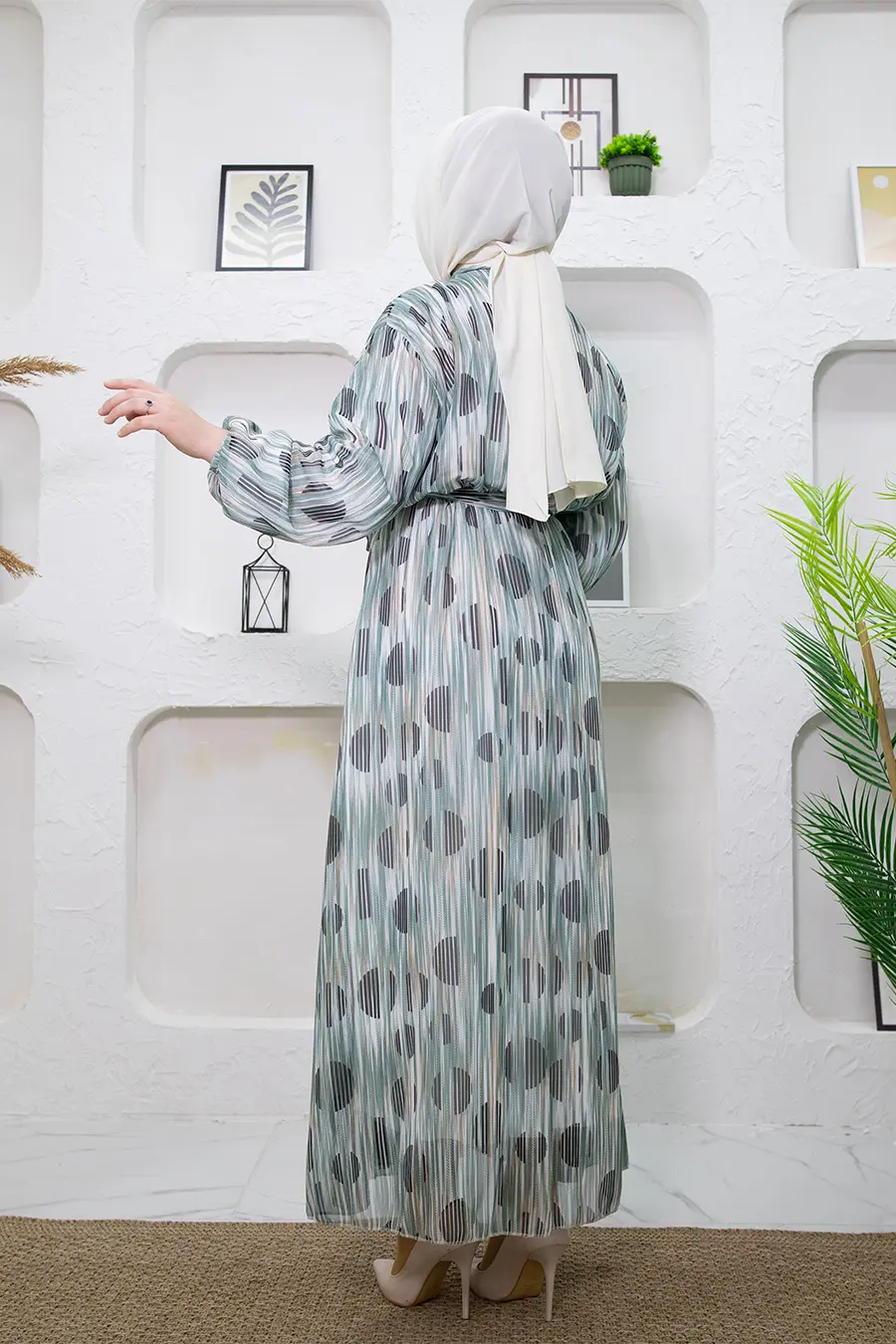 Yeni Sezon Çizgi Desenli Yeşil Tesettür Elbise-detail