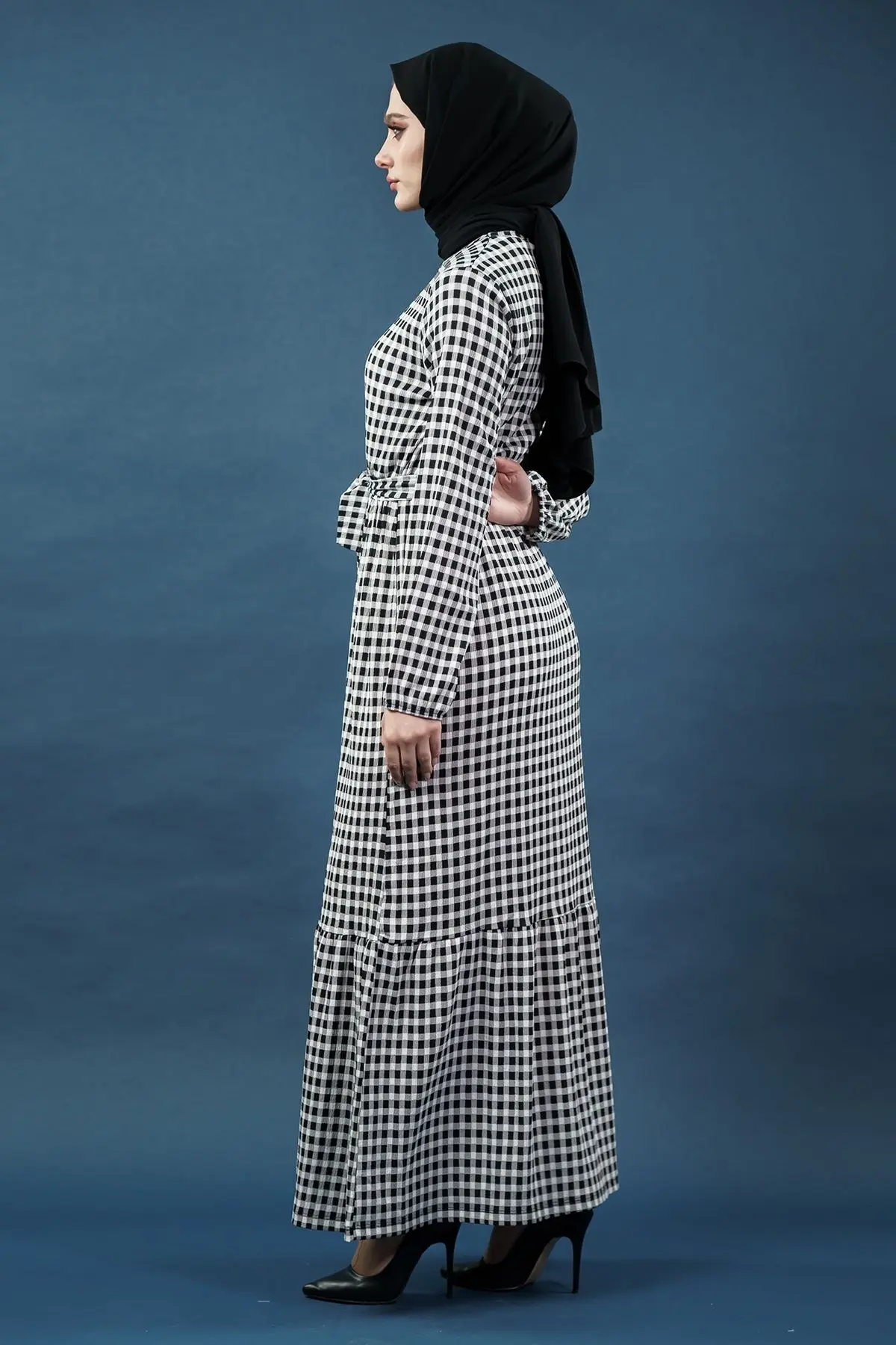 Yeni Sezon Dama Desenli Tesettür Elbise-detail