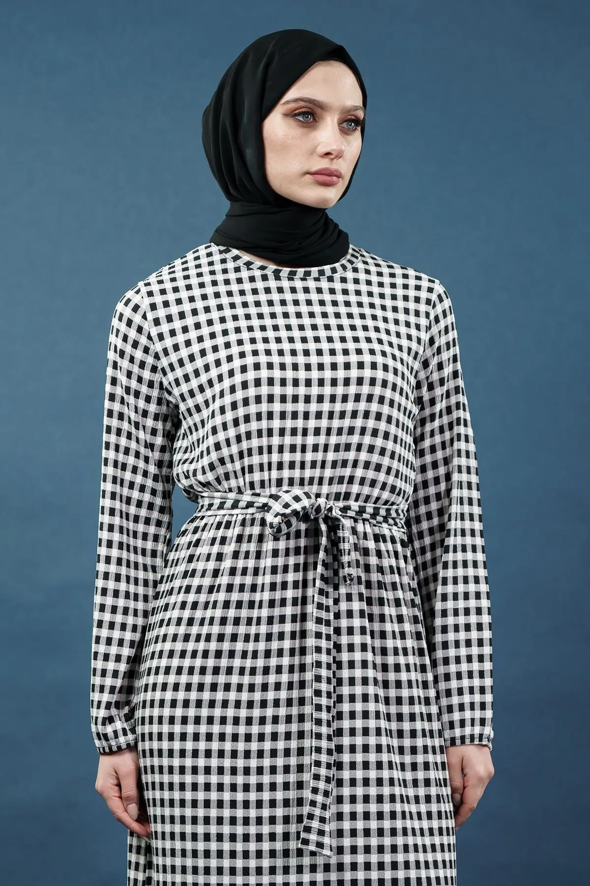 Yeni Sezon Dama Desenli Tesettür Elbise-detail