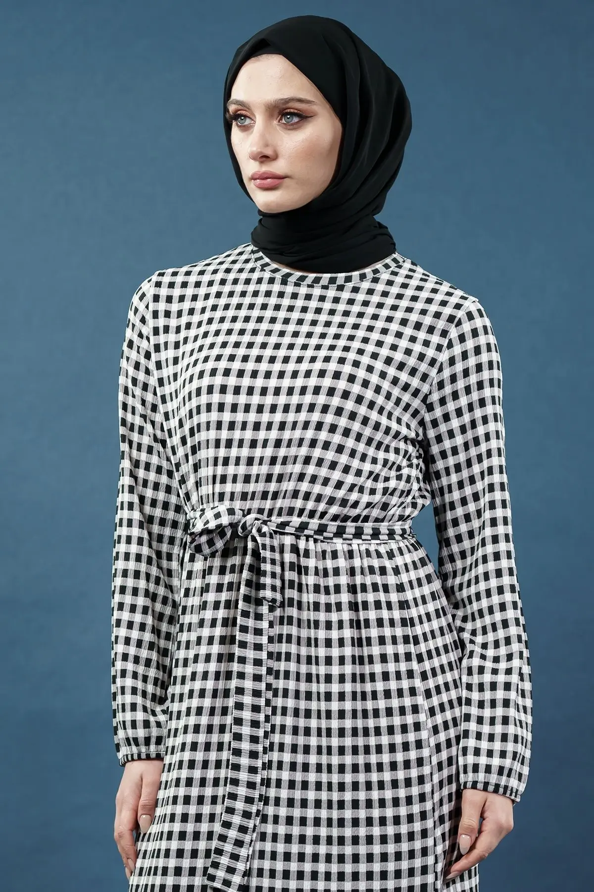 Yeni Sezon Dama Desenli Tesettür Elbise-detail