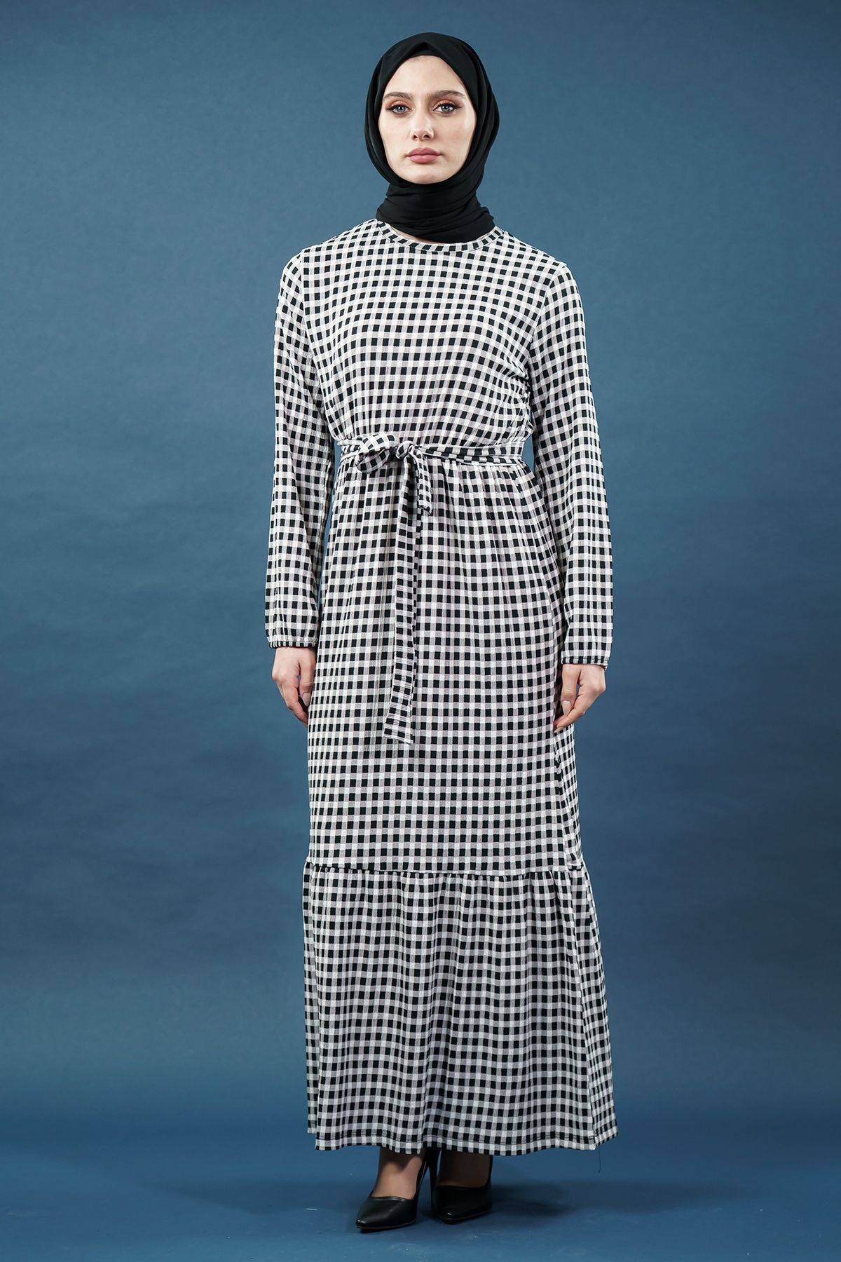 Yeni Sezon Dama Desenli Tesettür Elbise