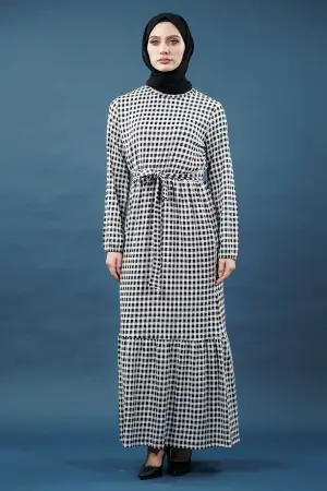 Yeni Sezon Dama Desenli Tesettür Elbise