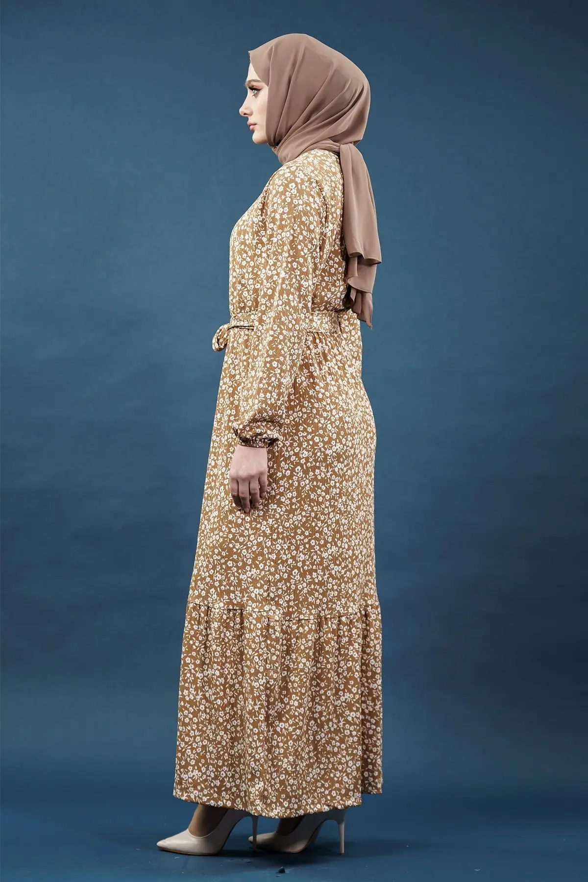 Yeni Sezon Desenli Bürümcük Kahverengi Tesettür Elbise-detail