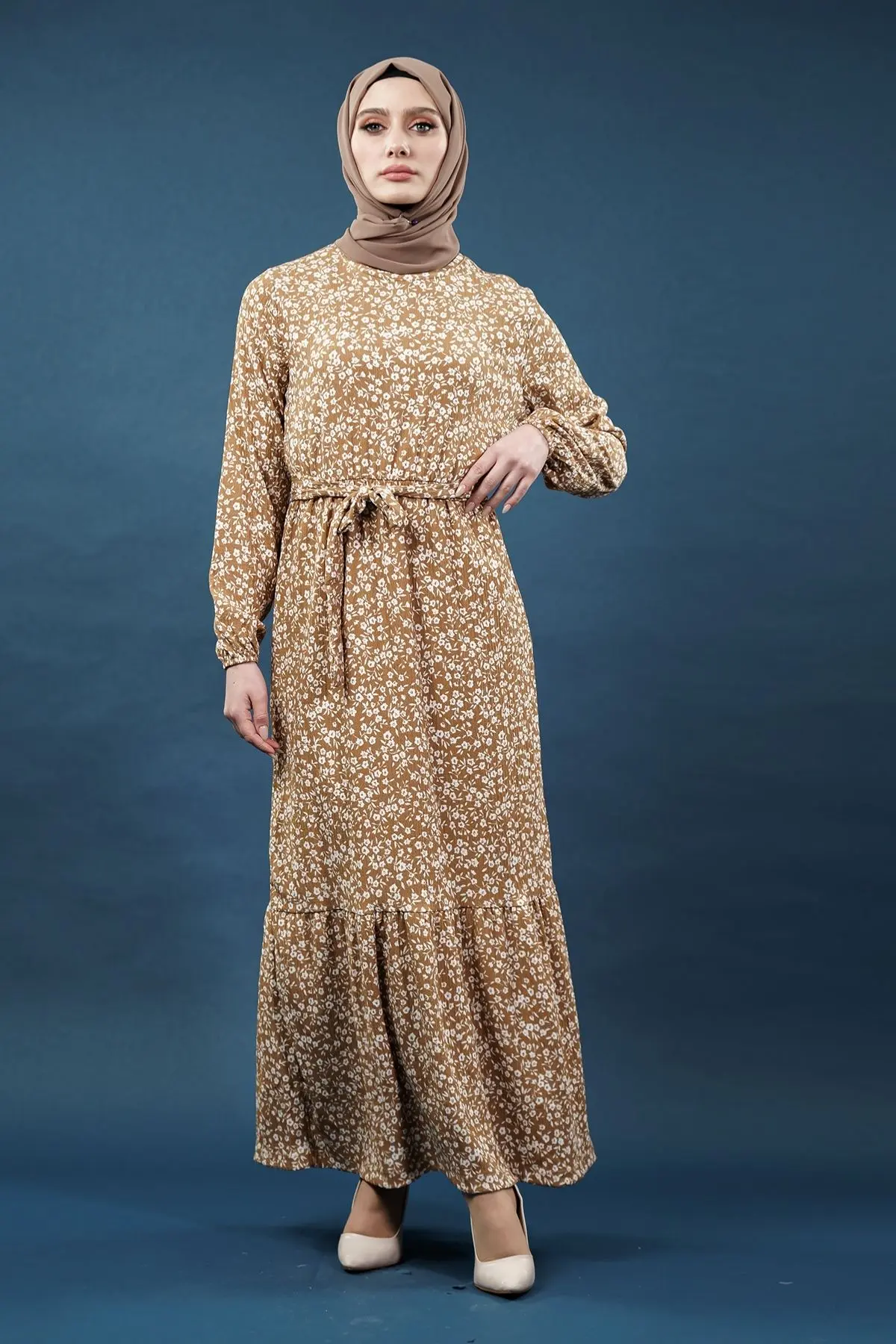 Yeni Sezon Desenli Bürümcük Kahverengi Tesettür Elbise-detail