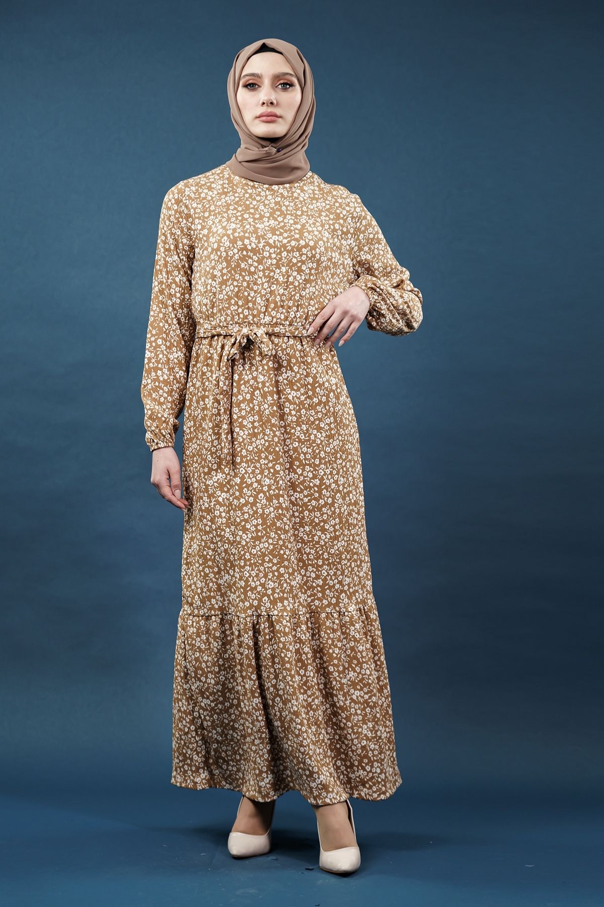 Yeni Sezon Desenli Bürümcük Kahverengi Tesettür Elbise