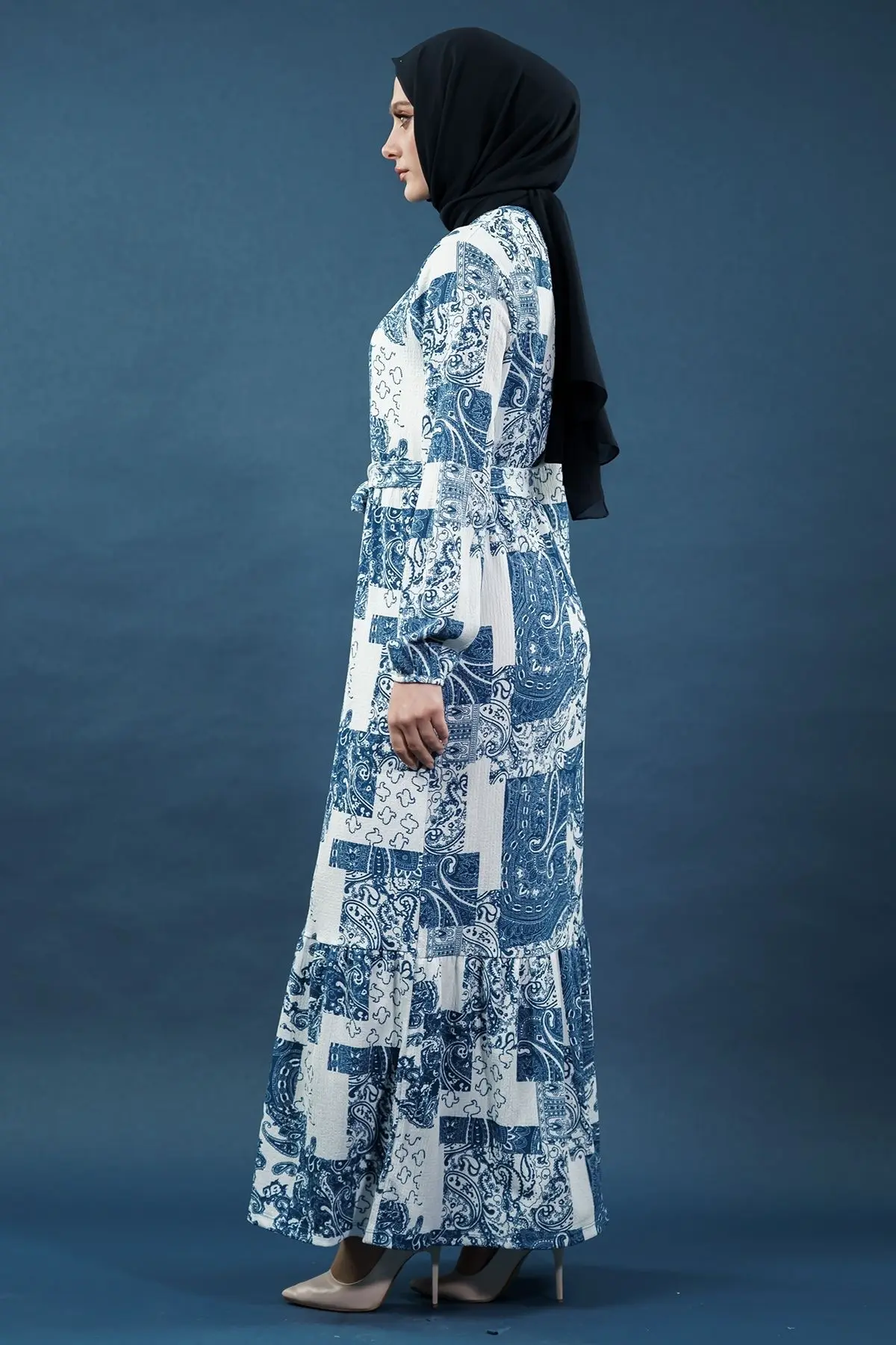 Yeni Sezon Desenli Bürümcük Mavi Tesettür Elbise-detail