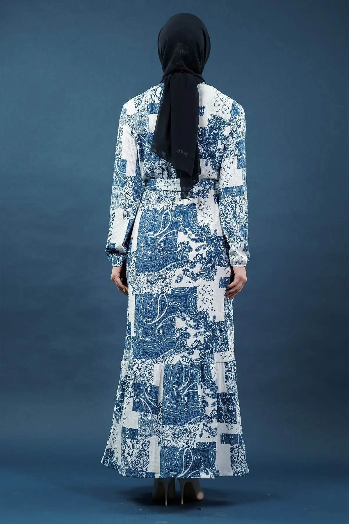 Yeni Sezon Desenli Bürümcük Mavi Tesettür Elbise-detail