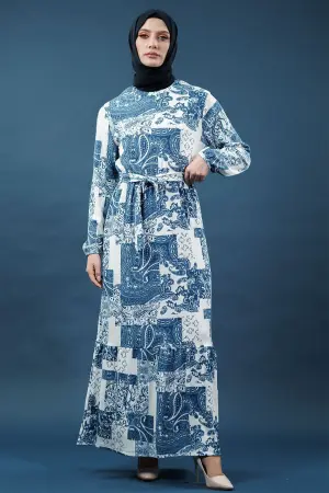 Yeni Sezon Desenli Bürümcük Mavi Tesettür Elbise