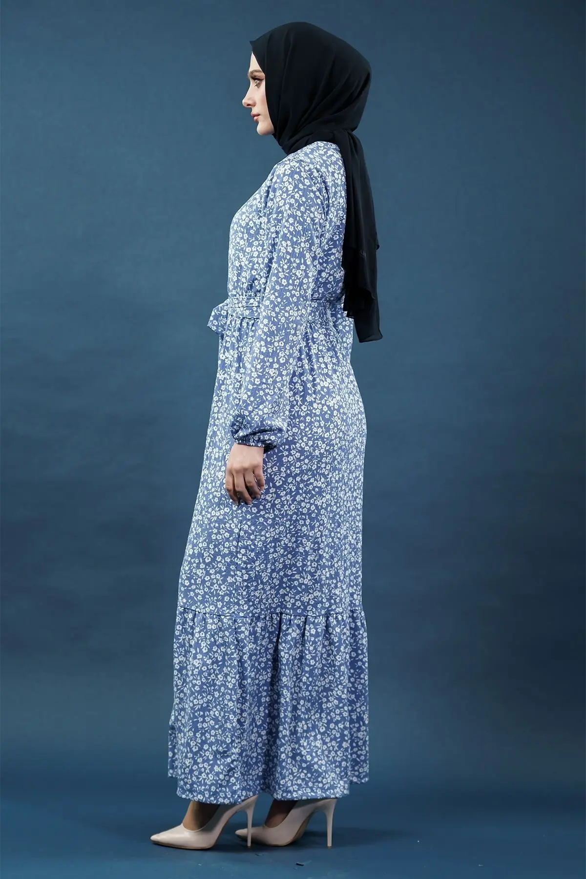 Yeni Sezon Desenli Bürümcük Mavi Tesettür Elbise-detail