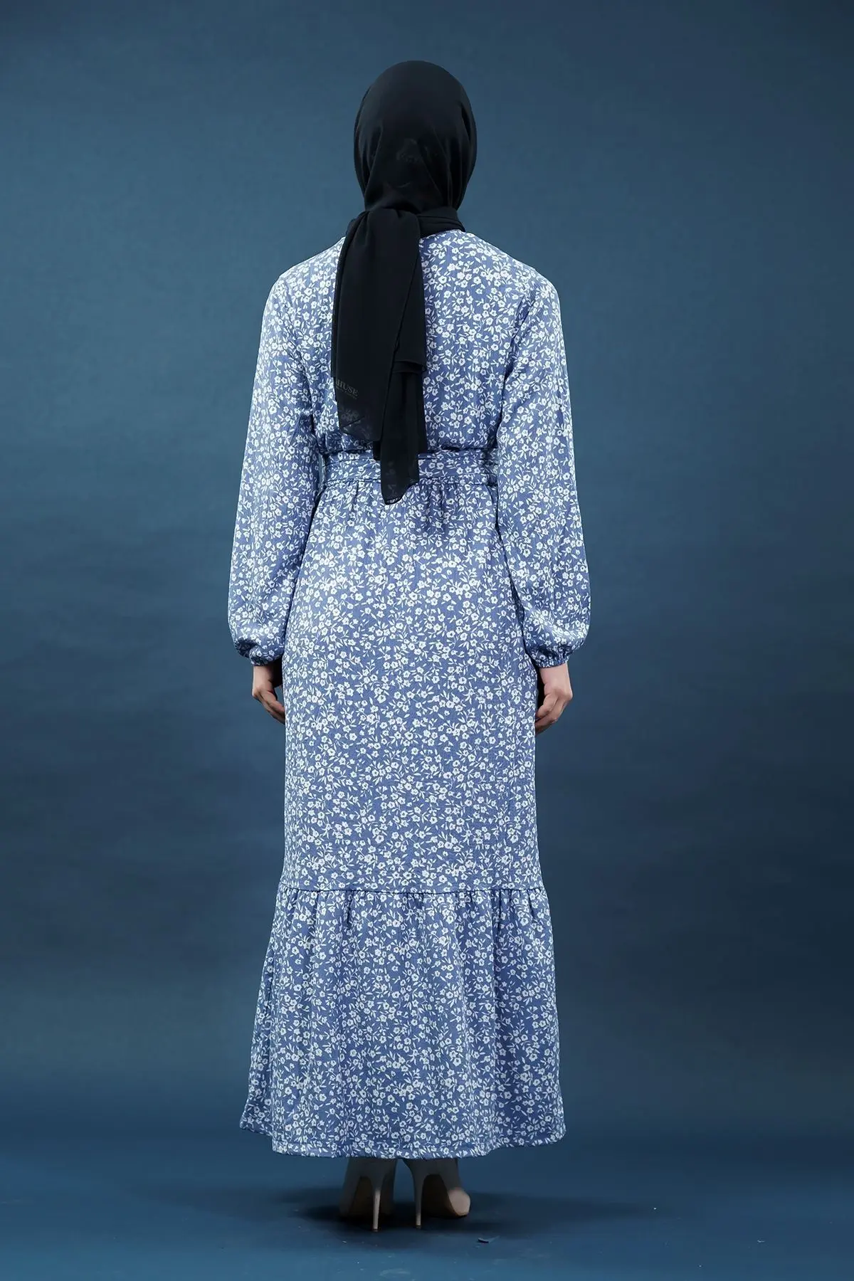 Yeni Sezon Desenli Bürümcük Mavi Tesettür Elbise-detail