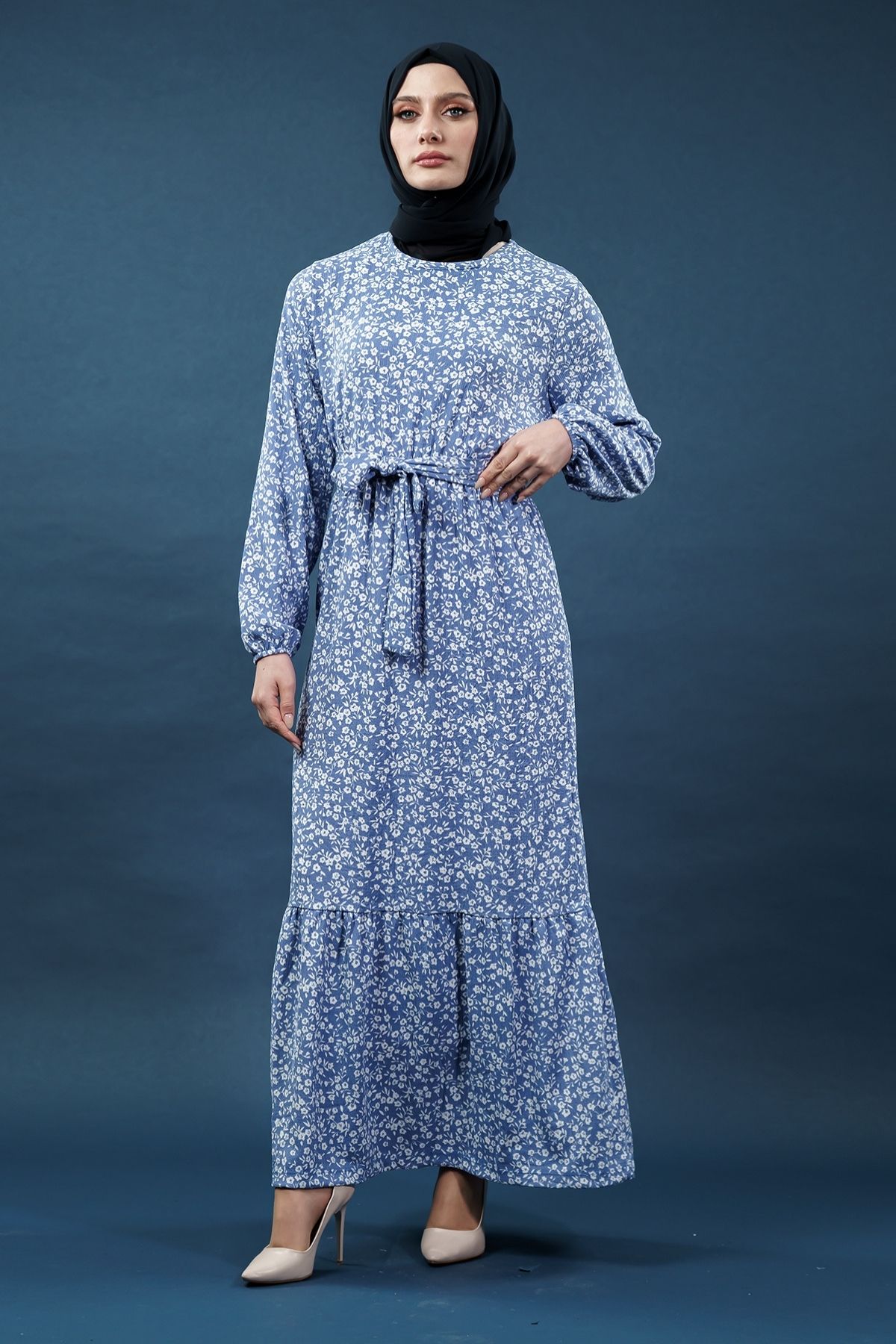 Yeni Sezon Desenli Bürümcük Mavi Tesettür Elbise