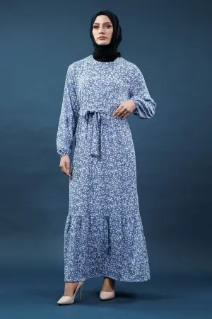 Yeni Sezon Desenli Bürümcük Mavi Tesettür Elbise