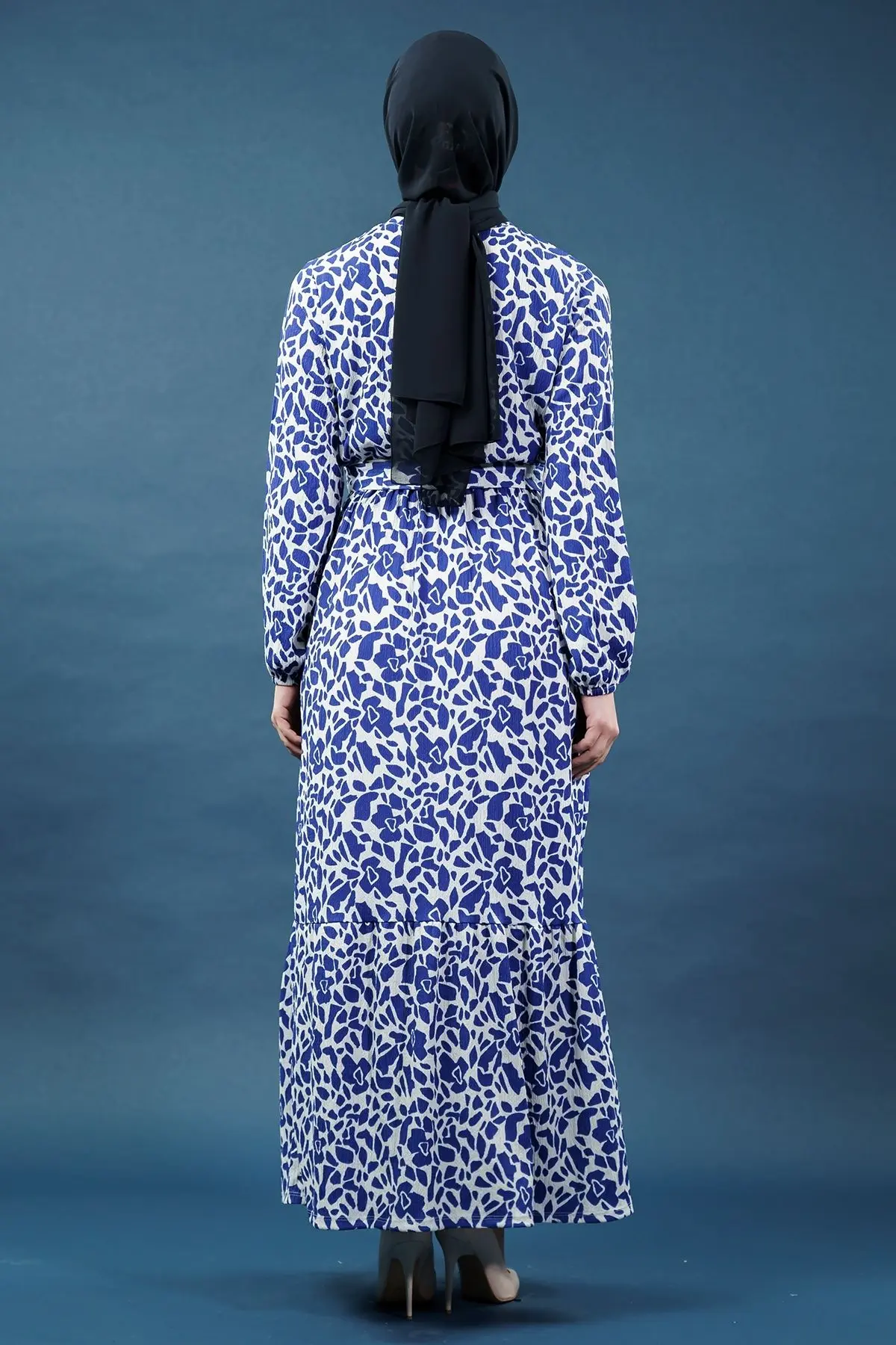 Yeni Sezon Desenli Bürümcük Mavi Tesettür Elbise-detail