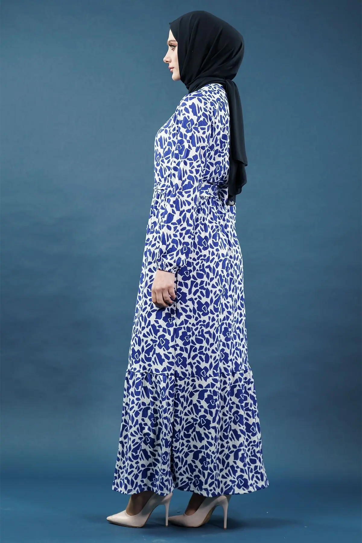 Yeni Sezon Desenli Bürümcük Mavi Tesettür Elbise-detail