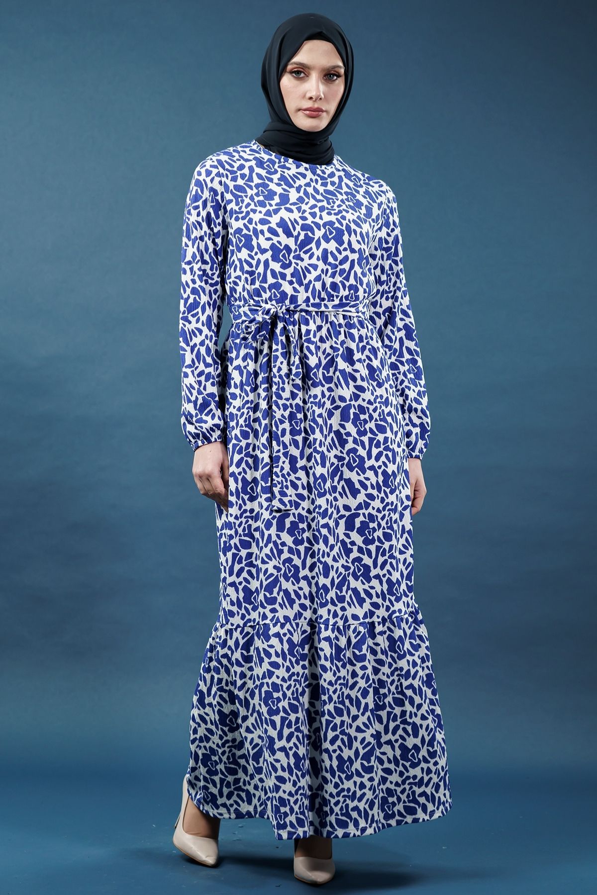 Yeni Sezon Desenli Bürümcük Mavi Tesettür Elbise