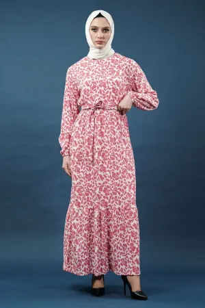 Yeni Sezon Desenli Bürümcük Pembe Tesettür Elbise
