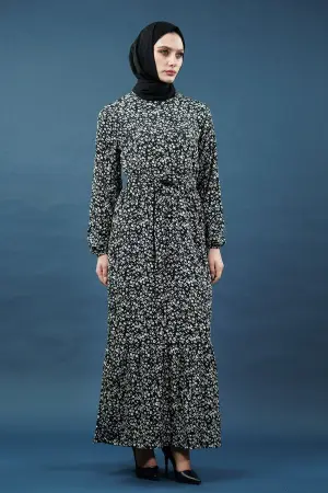 Yeni Sezon Desenli Bürümcük Siyah Tesettür Elbise