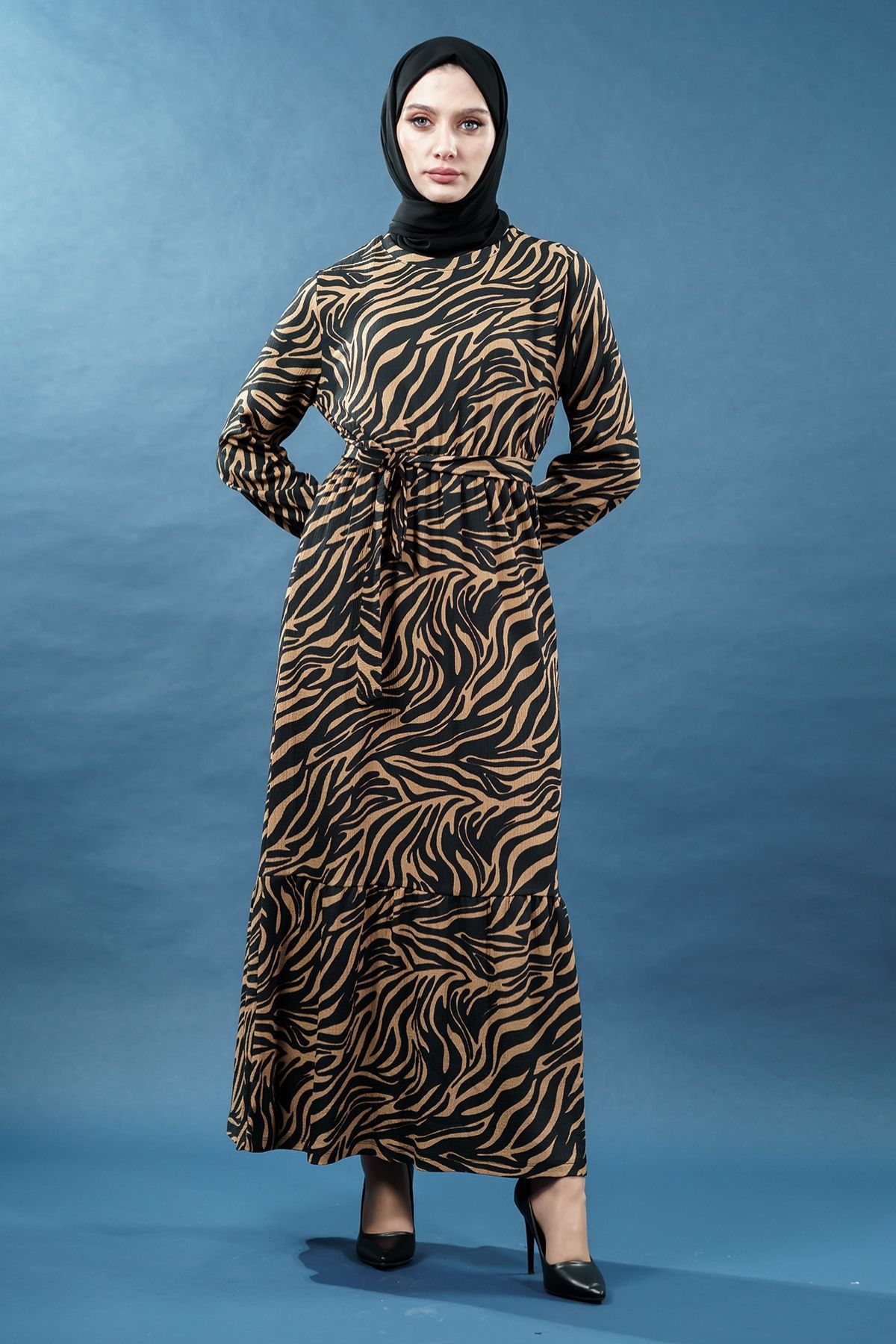 Yeni Sezon Desenli Bürümcük Taba Tesettür Elbise