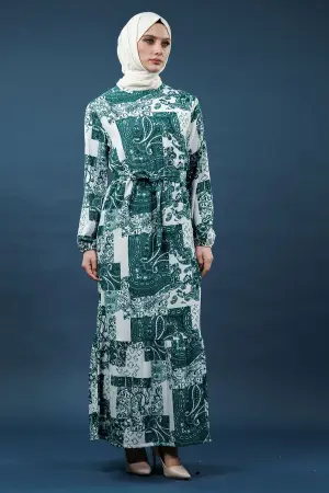 Yeni Sezon Desenli Bürümcük Yeşil Tesettür Elbise