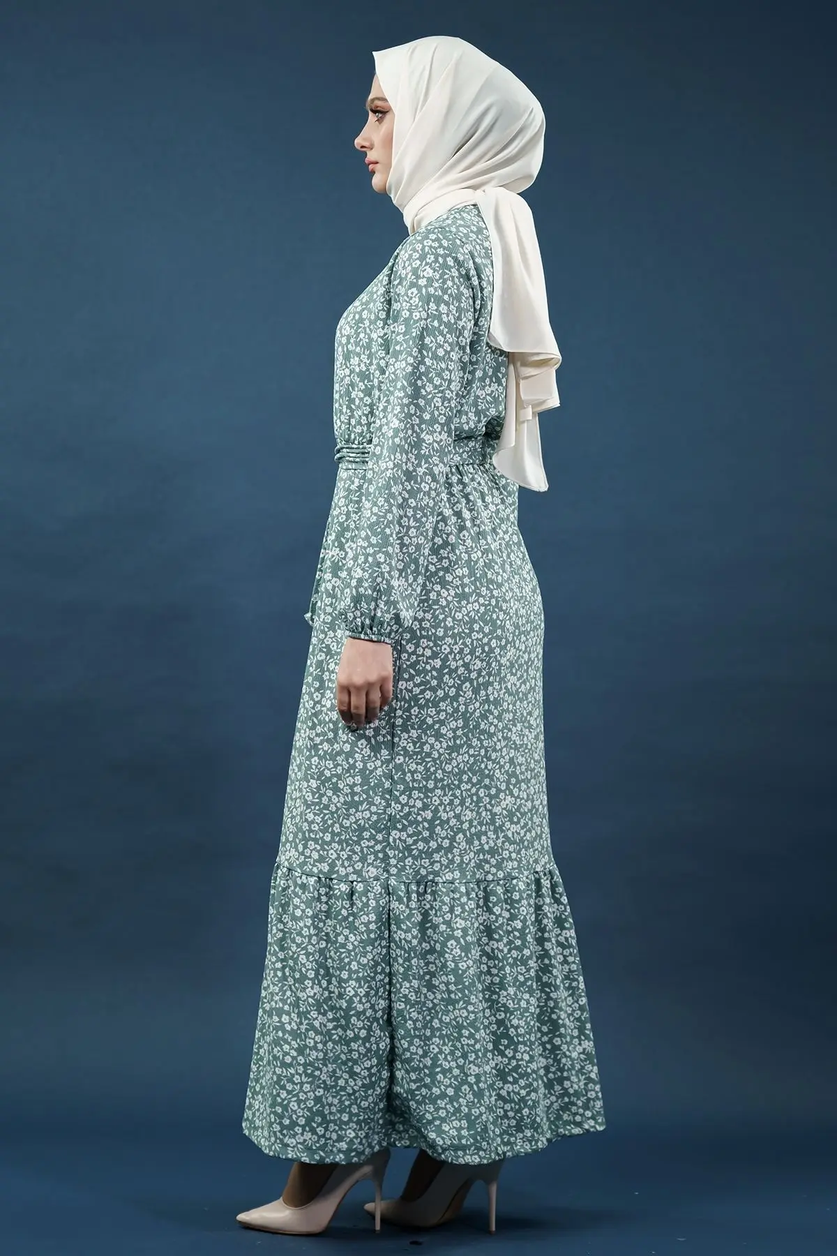 Yeni Sezon Desenli Bürümcük Yeşil Tesettür Elbise-detail