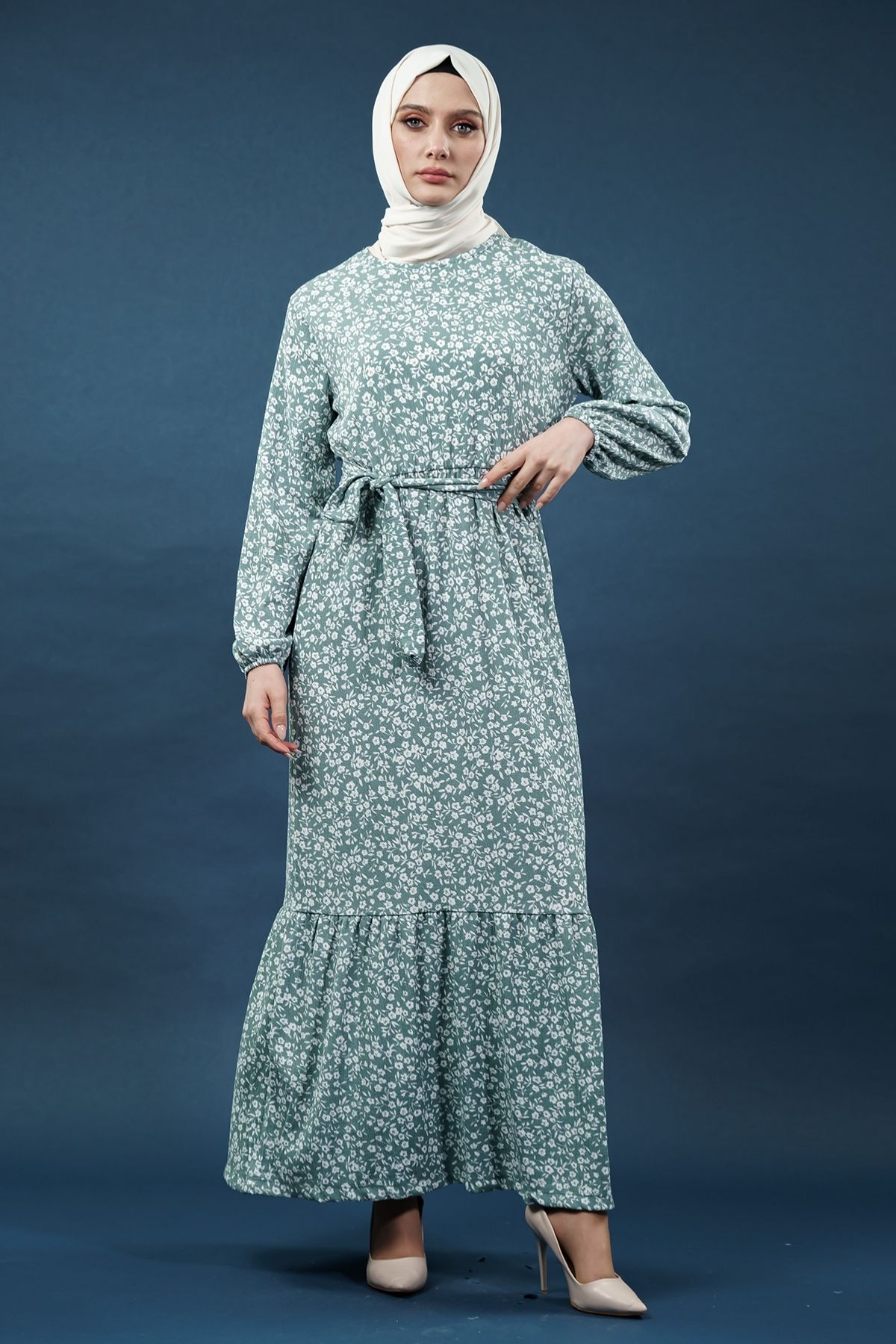 Yeni Sezon Desenli Bürümcük Yeşil Tesettür Elbise