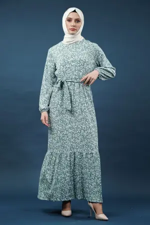 Yeni Sezon Desenli Bürümcük Yeşil Tesettür Elbise