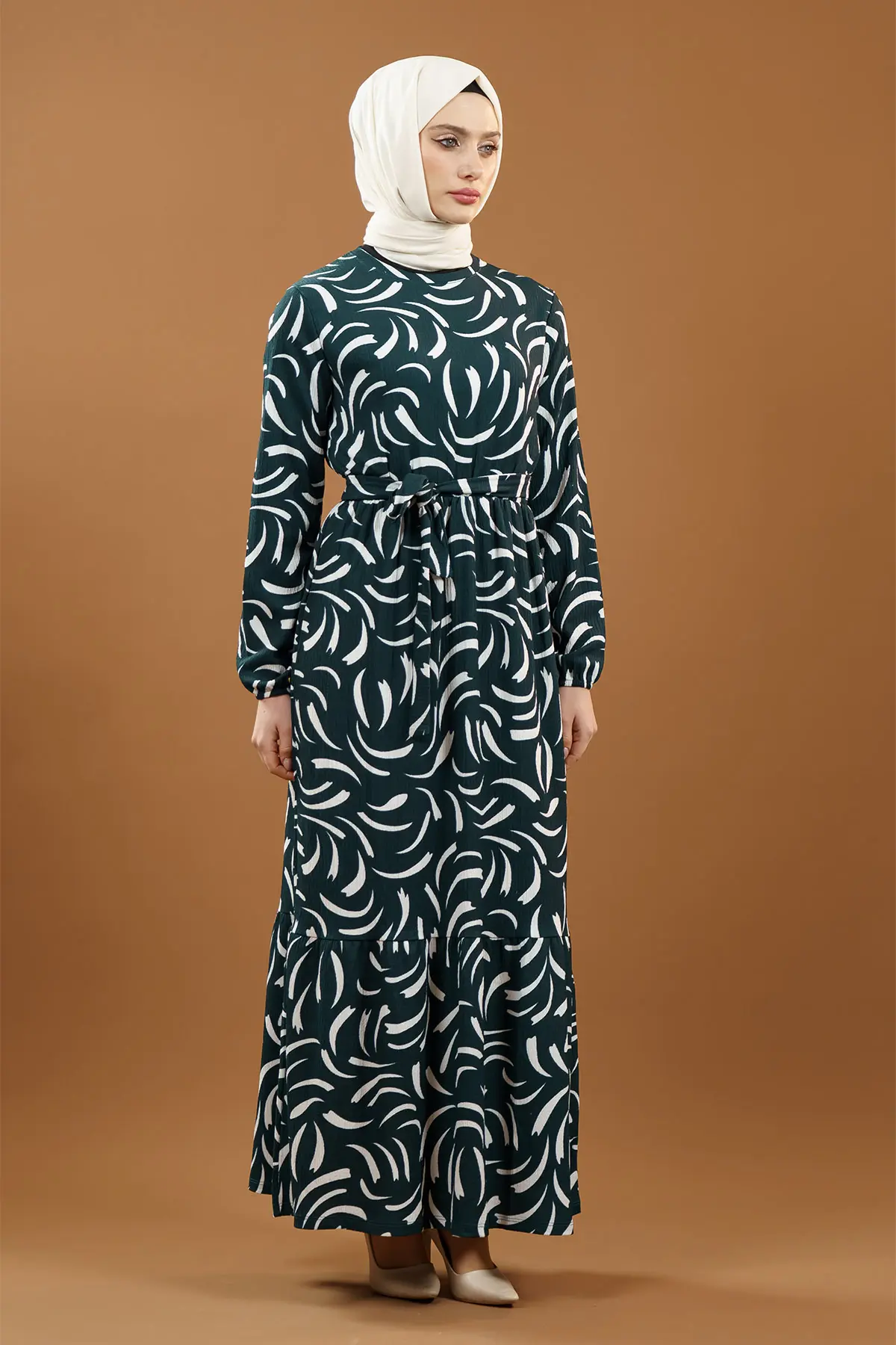 Yeni Sezon Desenli Bürümcük Yeşil Tesettür Elbise-detail