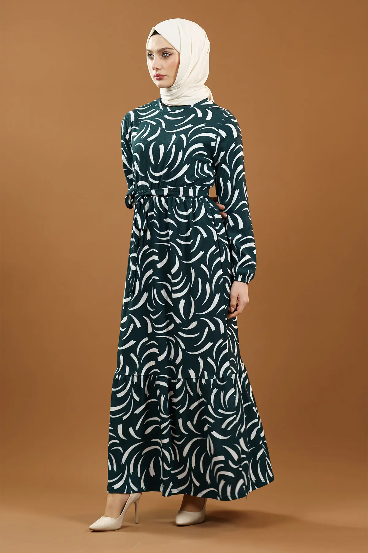 Yeni Sezon Desenli Bürümcük Yeşil Tesettür Elbise-detail