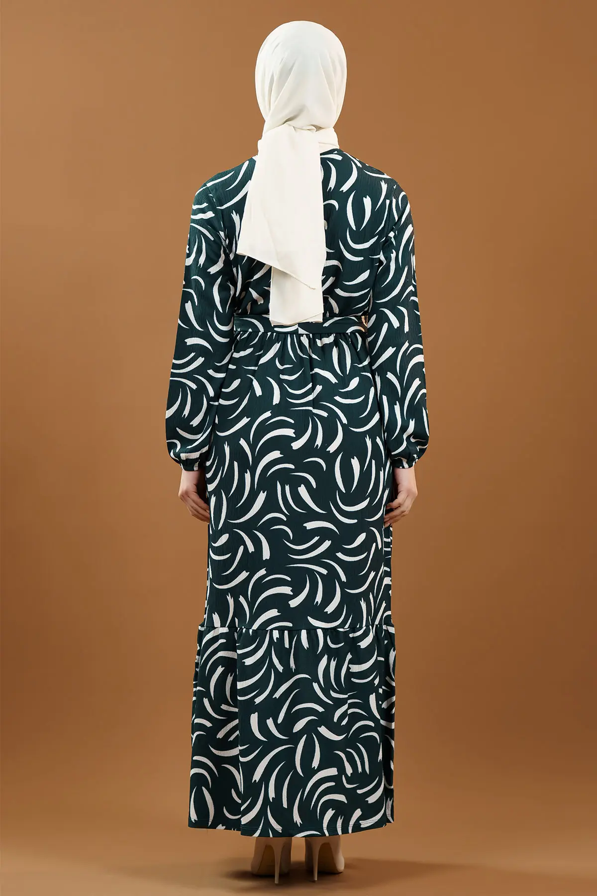 Yeni Sezon Desenli Bürümcük Yeşil Tesettür Elbise-detail