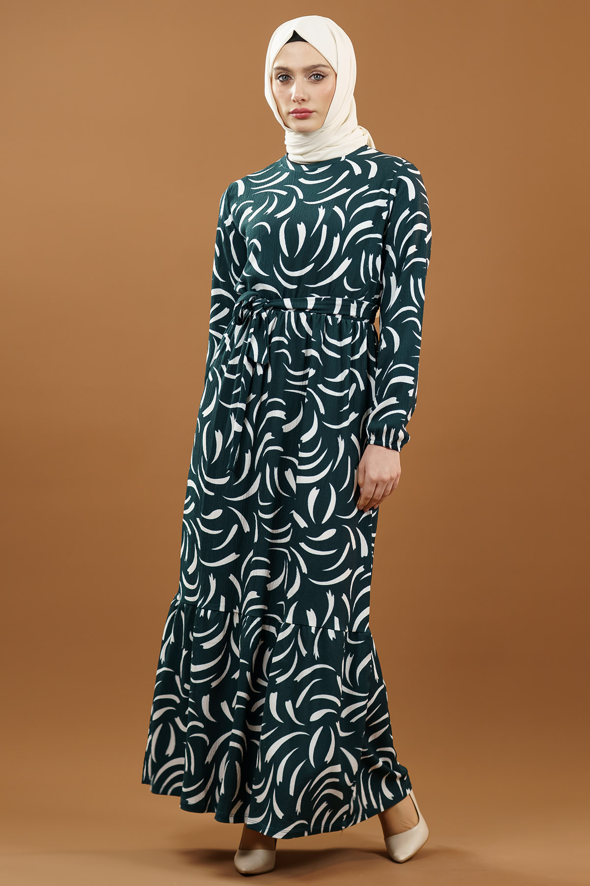 Yeni Sezon Desenli Bürümcük Yeşil Tesettür Elbise
