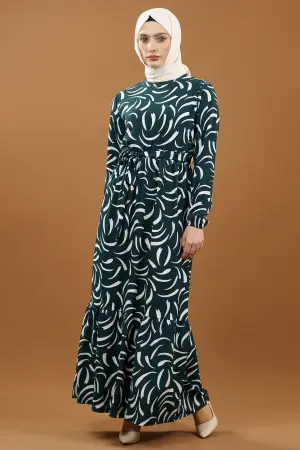 Yeni Sezon Desenli Bürümcük Yeşil Tesettür Elbise