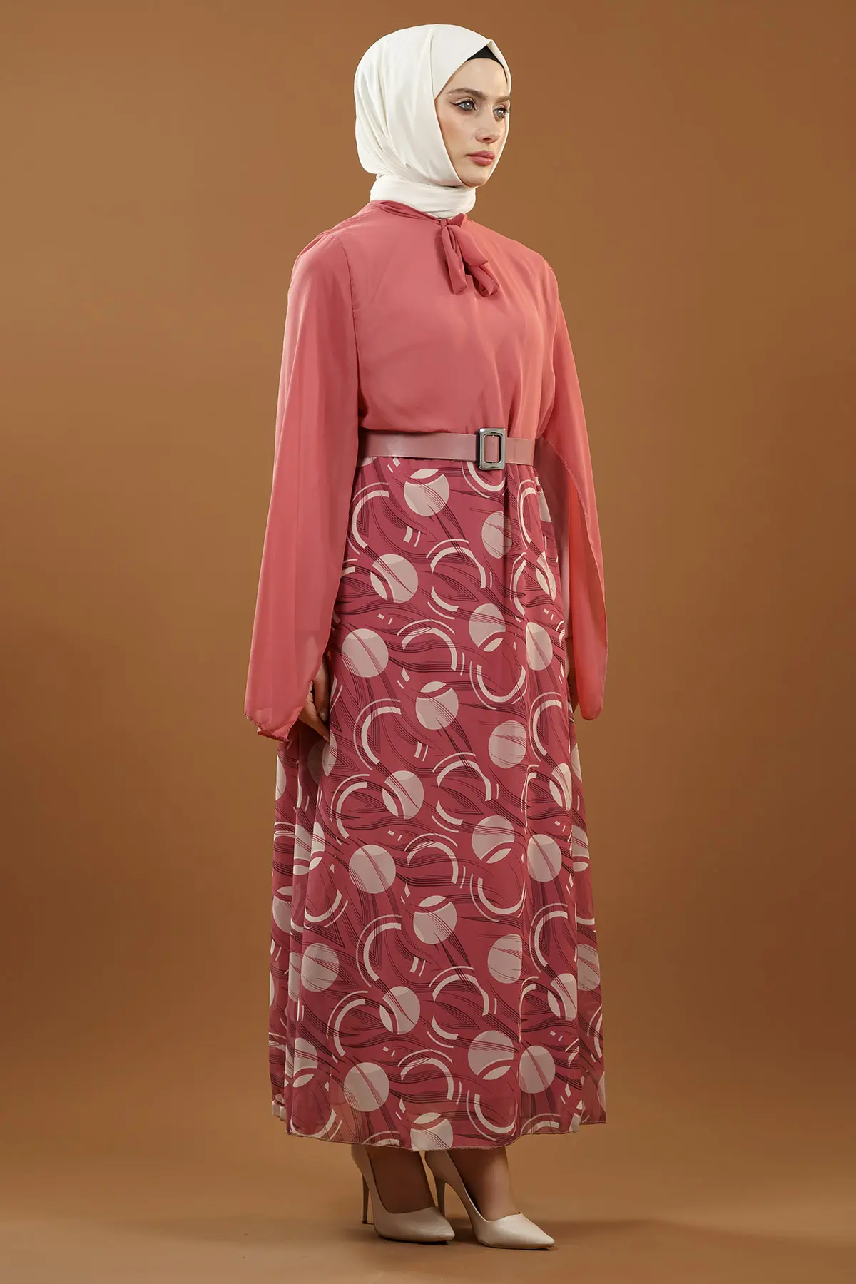 Yeni Sezon Eteği Desenli Tesettür Elbise-detail