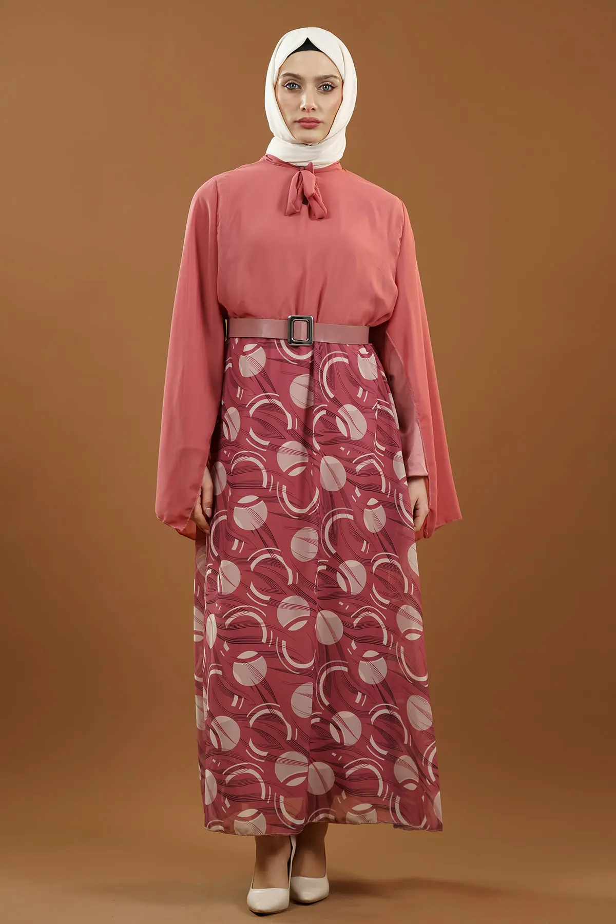 Yeni Sezon Eteği Desenli Tesettür Elbise-detail