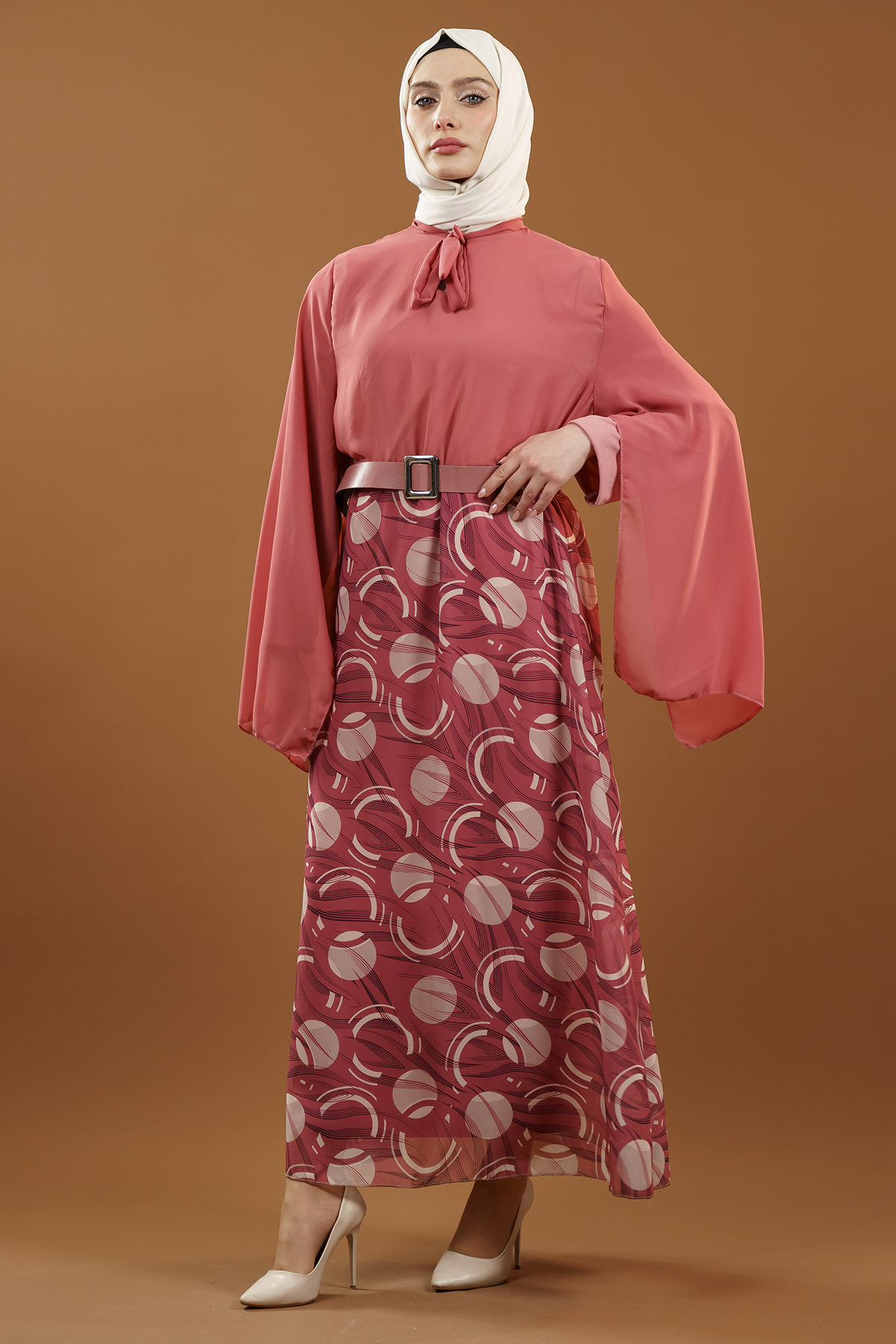 Yeni Sezon Eteği Desenli Tesettür Elbise