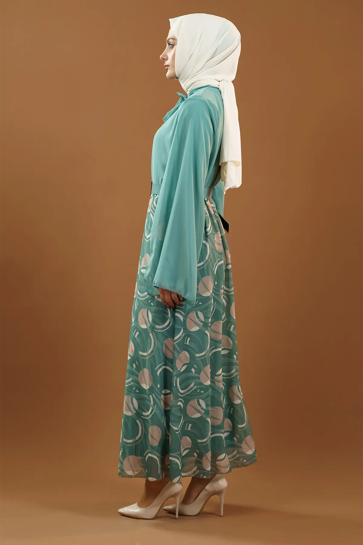 Yeni Sezon Eteği Desenli Tesettür Elbise-detail