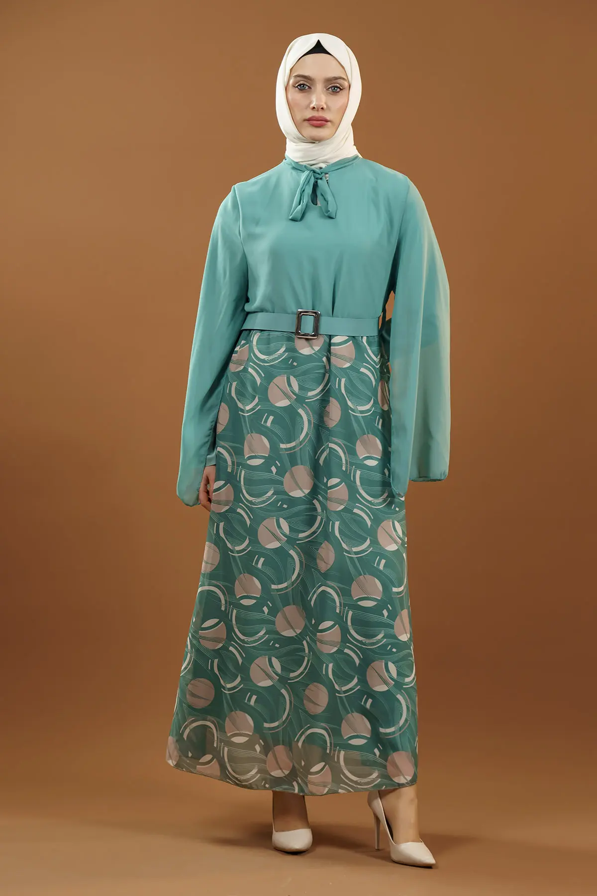 Yeni Sezon Eteği Desenli Tesettür Elbise-detail