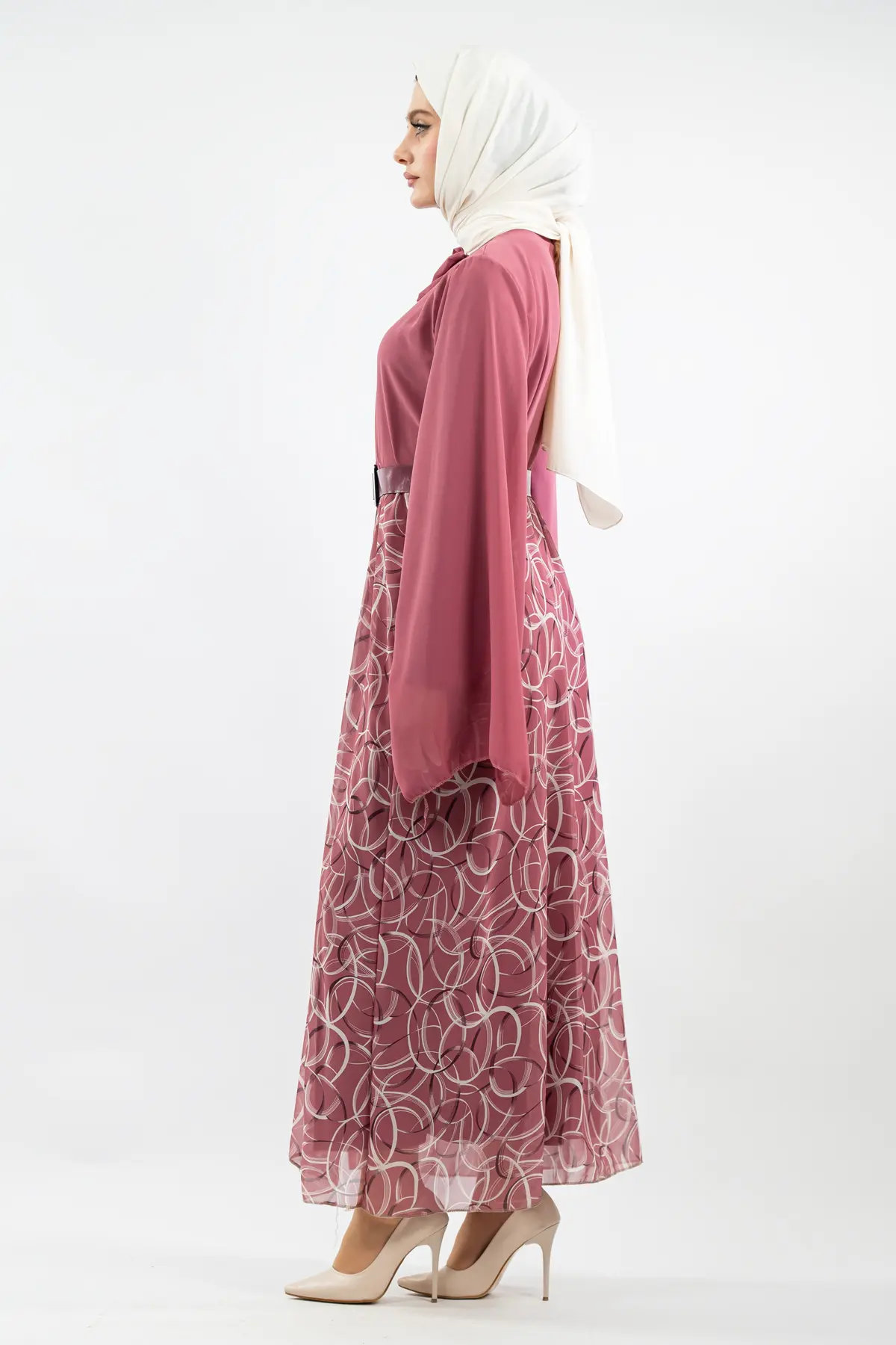 Yeni Sezon Eteği Desenli Tesettür Elbise-detail