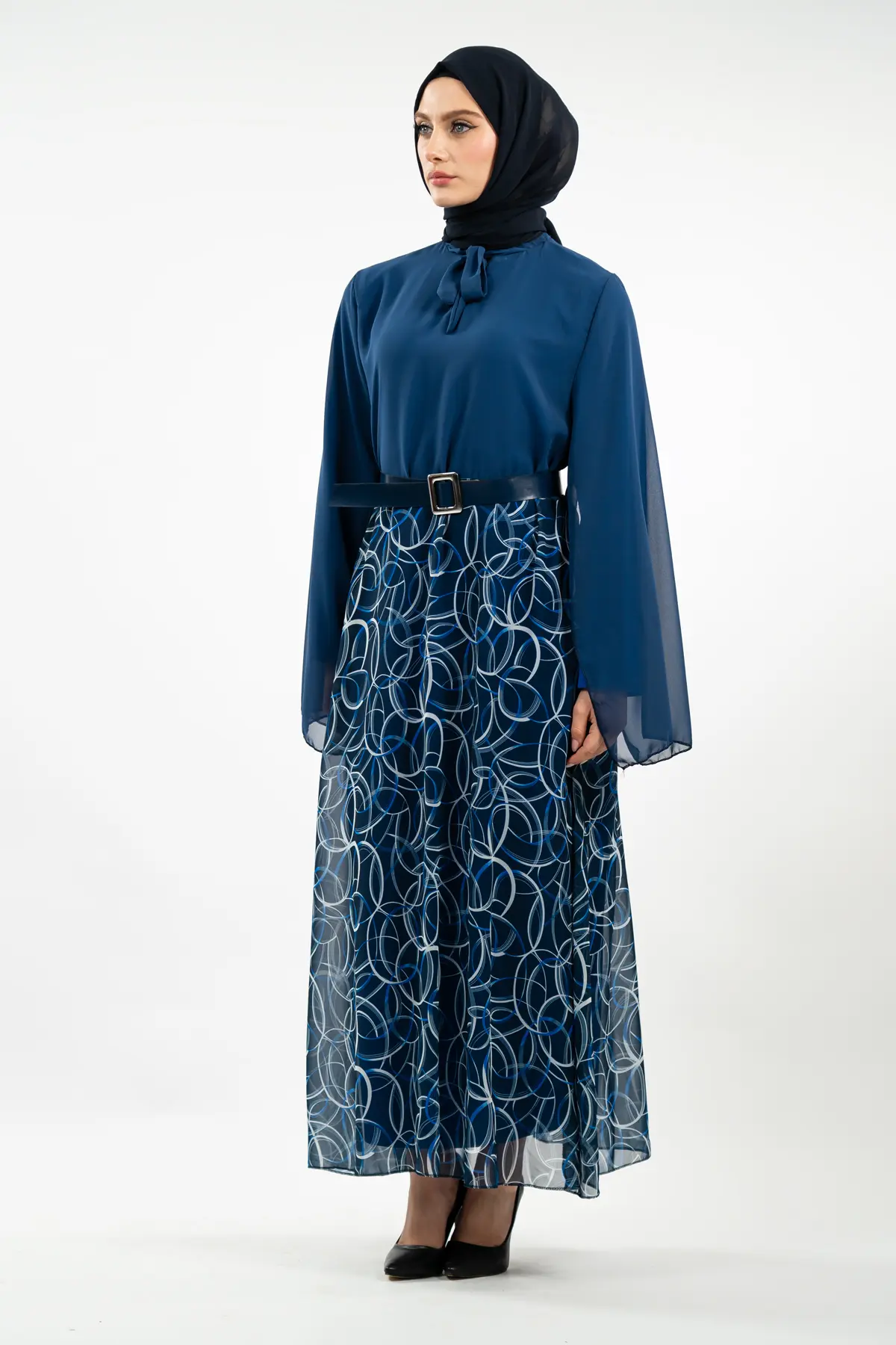 Yeni Sezon Eteği Desenli Tesettür Elbise-detail
