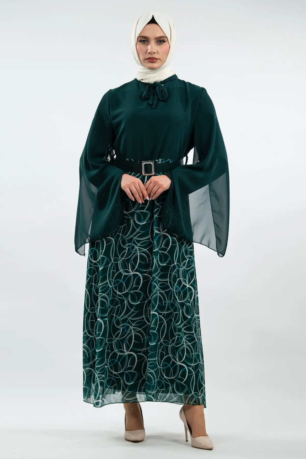 Yeni Sezon Eteği Desenli Tesettür Elbise-detail