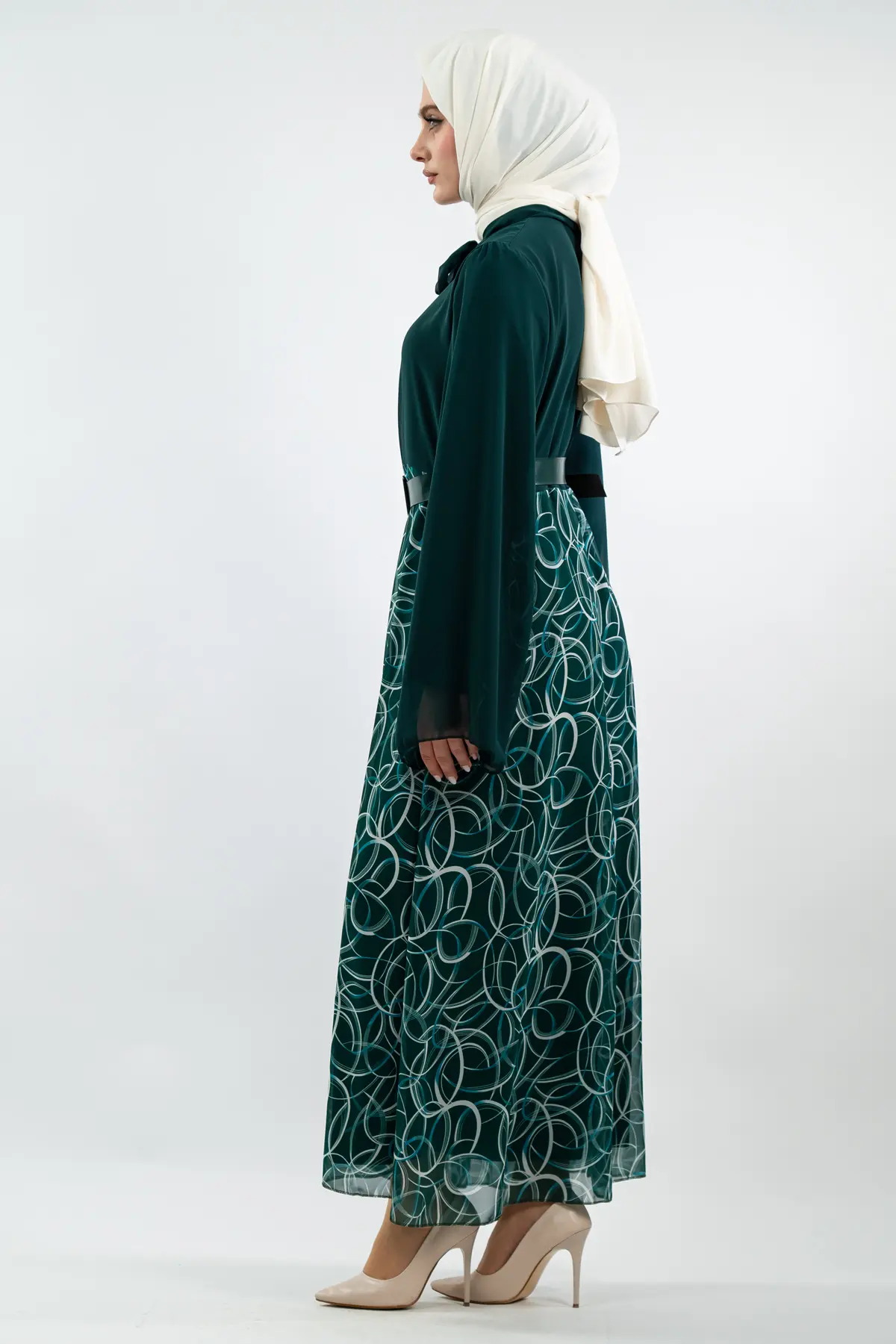 Yeni Sezon Eteği Desenli Tesettür Elbise-detail