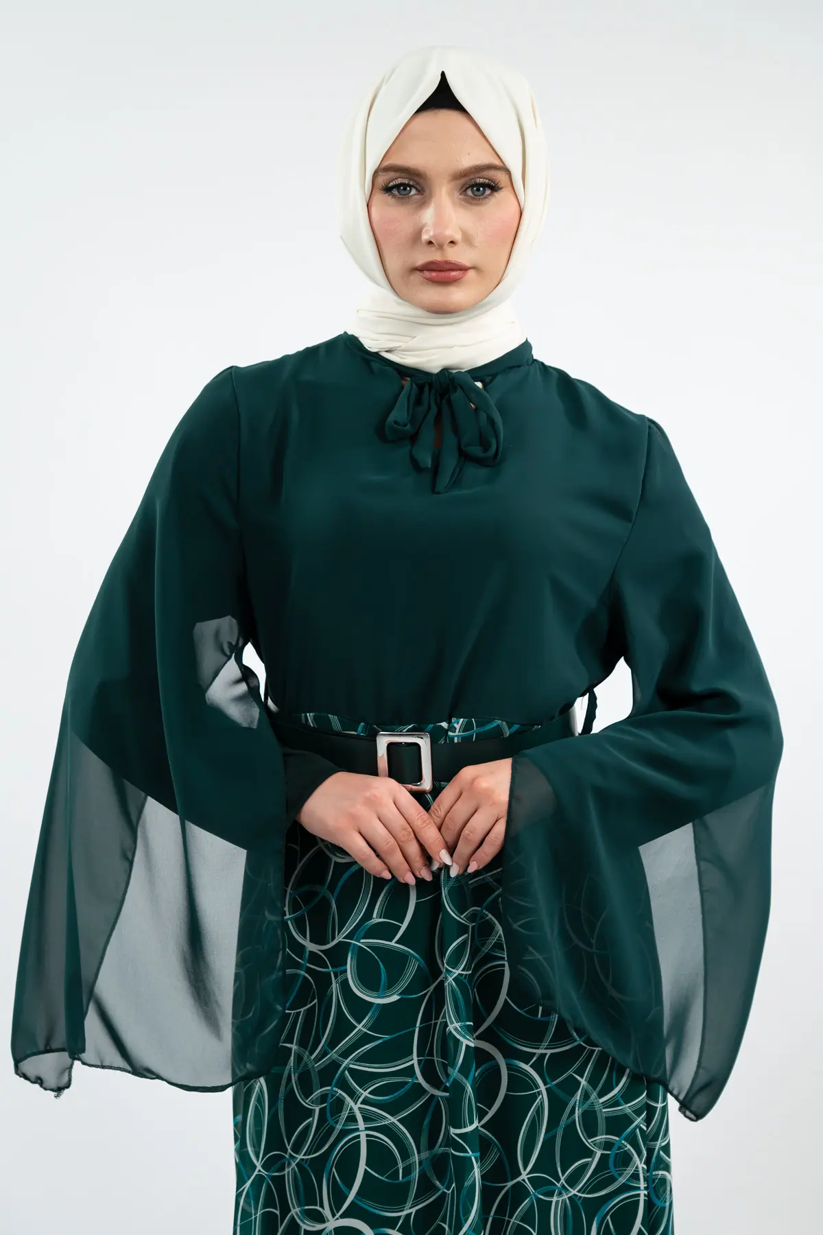 Yeni Sezon Eteği Desenli Tesettür Elbise-detail