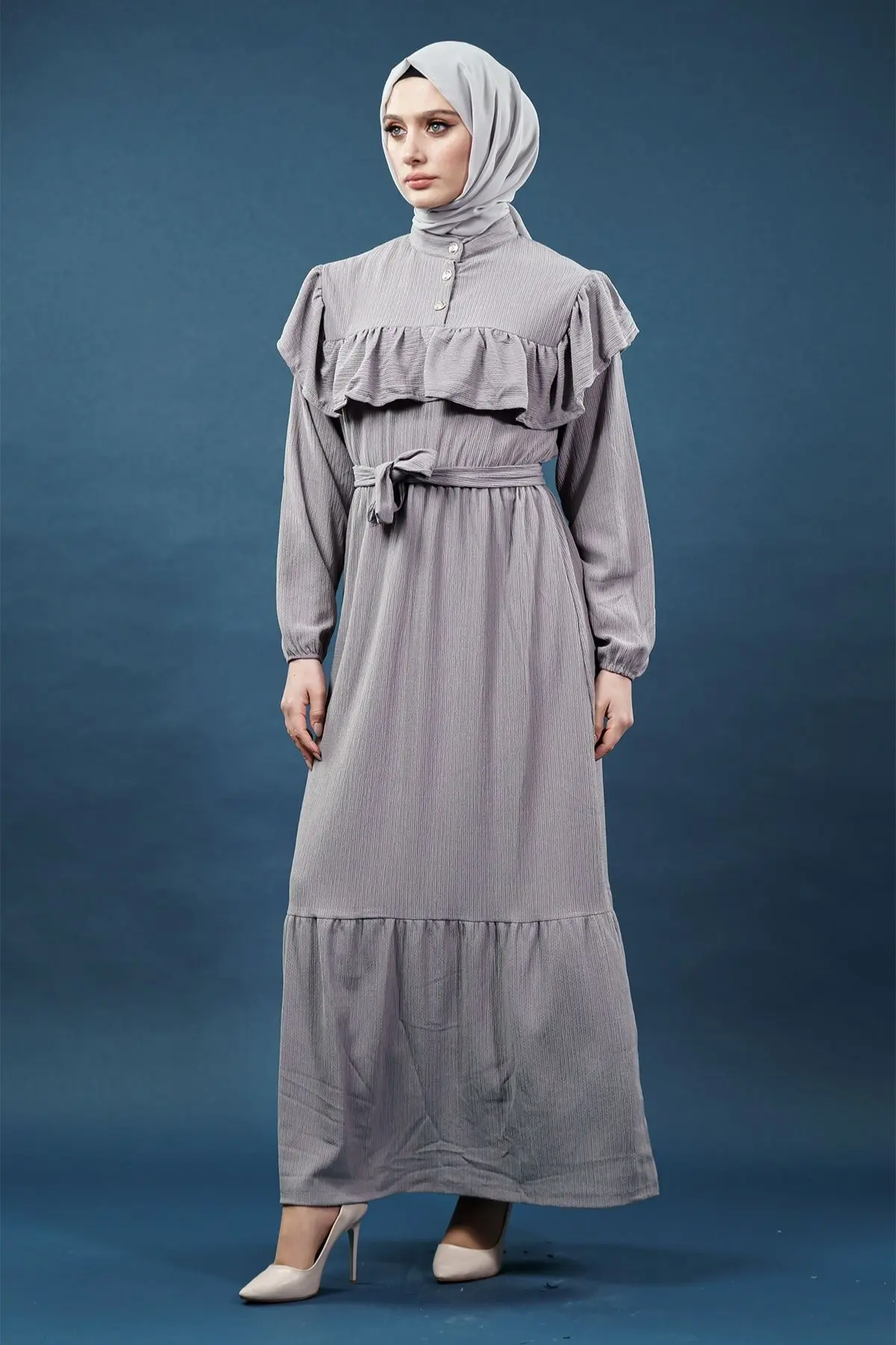 Yeni Sezon Fırfırlı Gri Elbise-detail