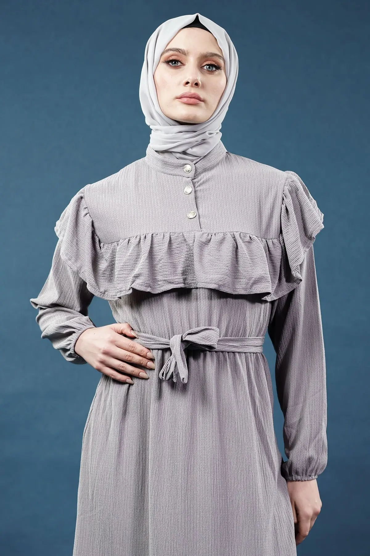 Yeni Sezon Fırfırlı Gri Elbise-detail