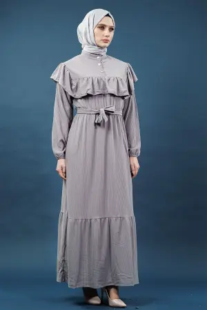 Yeni Sezon Fırfırlı Gri Elbise