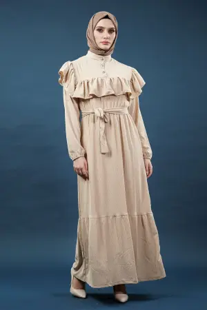 Yeni Sezon Fırfırlı Krem Elbise